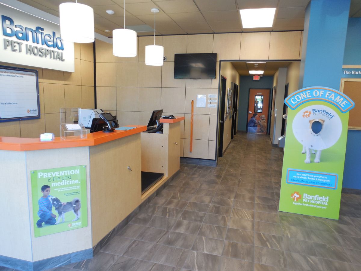 The front desk and waiting area at the Highland Park Banfield