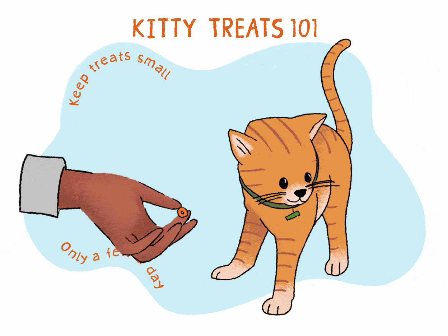 Illustration of a hand offering an orange kitten a treat