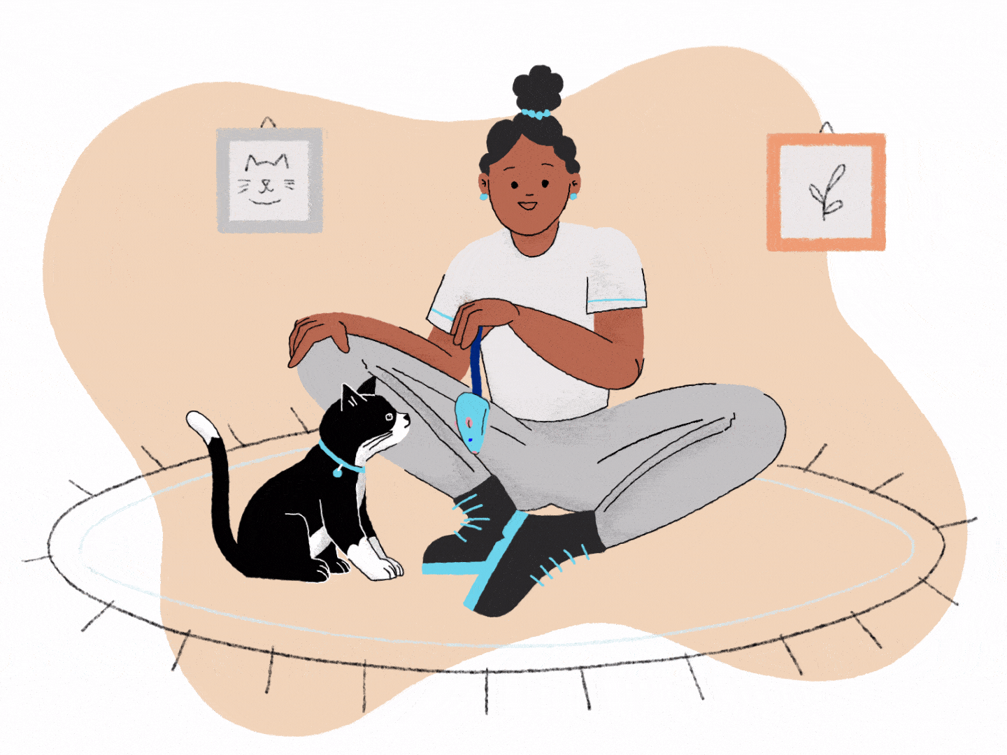Illustration of a woman sitting on the floor and playing with her black and white cat