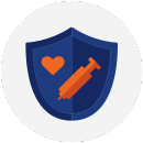 An illustrated icon of a blue shield with an orange syringe 