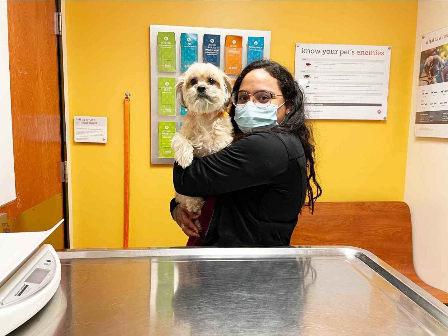 A female associate holding a dog at the Banfield Pet Hospital